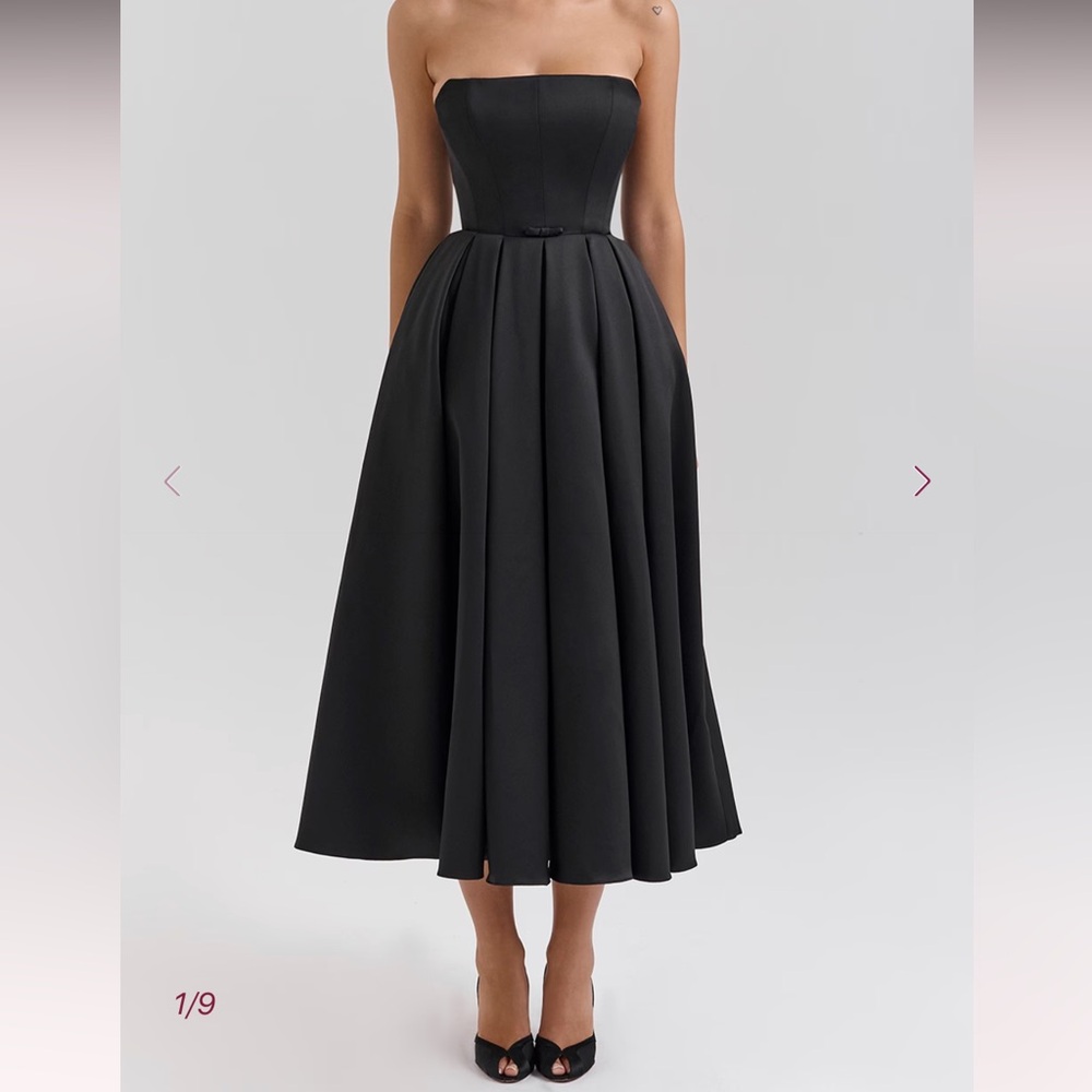 House of cb, CONTESSA. Black Strapless Satin Corset Midi Dress